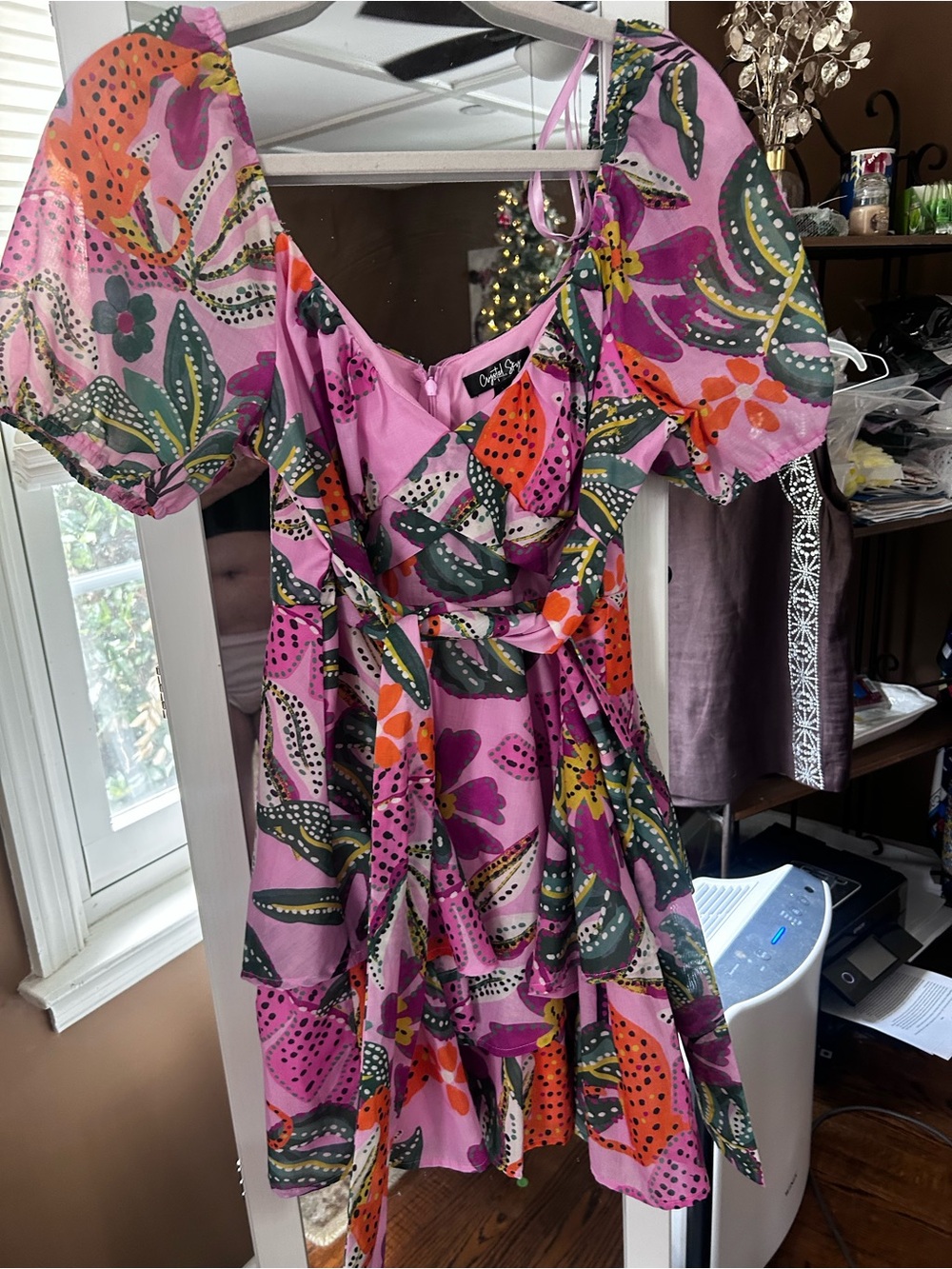 Floral Puff-Sleeve Mini Dress in Pink, L, NWOT - Picture 2 of 6